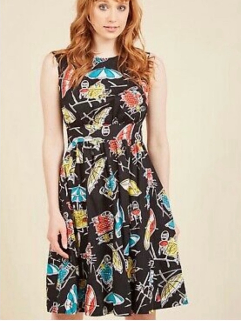 Modcloth x Emily and Fin Black to much fun Cafe Al fresco Print dress